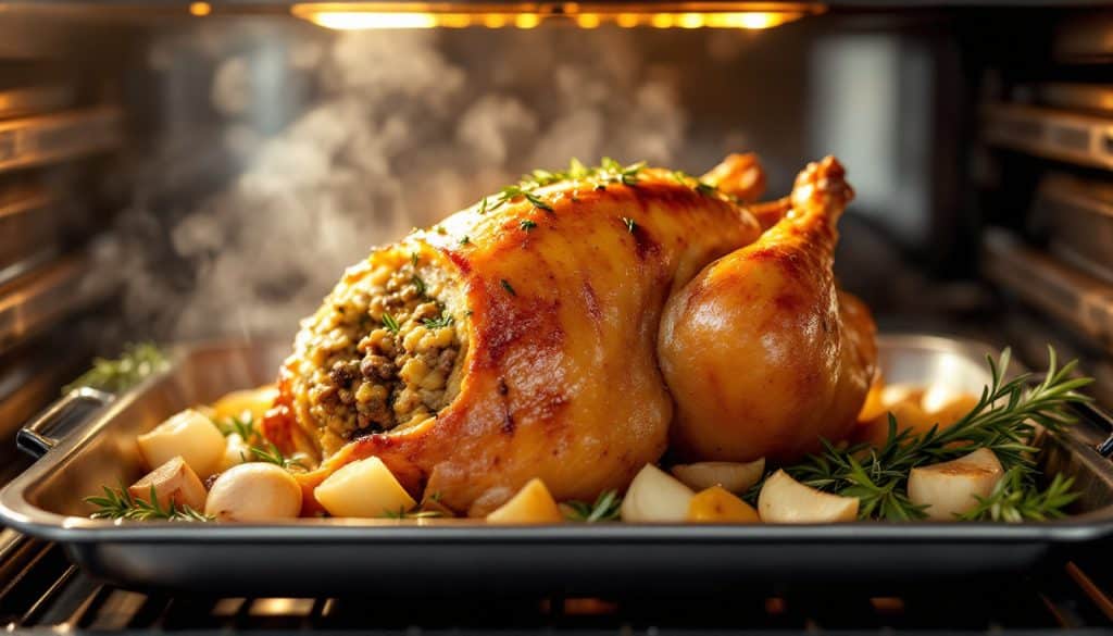 découvrez combien de minutes prévoir pour le temps de cuisson d'un rôti de pintade farcie au four afin d'obtenir une viande parfaitement tendre et savoureuse.